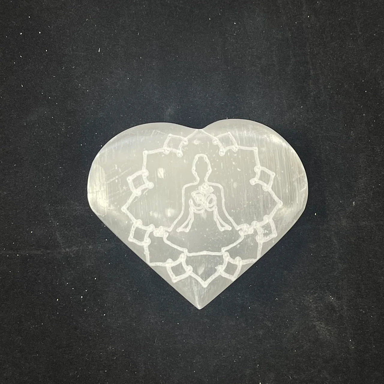 Selenite, Heart Palm w/ Yoga Engraved, 6-7cm x 7-8.5cm (1pc)